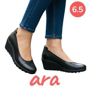 ara Women's High Soft Half Sacchetto Leather Wedge Pump Black Size 6.5 Comfort